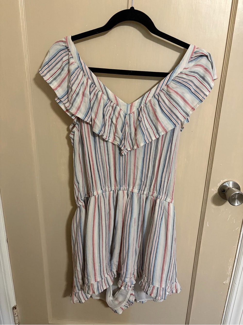 American Eagle Outfitters Striped Ruffle Romper - Blue, Pink & White